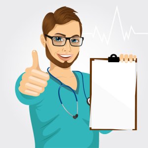 46552001 - handsome male nurse or doctor with glasses holding a blank medical clipboard and giving thumbs up on white background